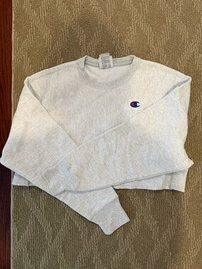 Champion Light Gray Cropped Crewneck Sweatshirt with Small Logo